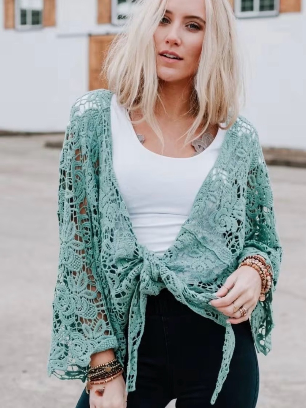 Three Bird Nest Sage Crochet Tie-Front Cardigan